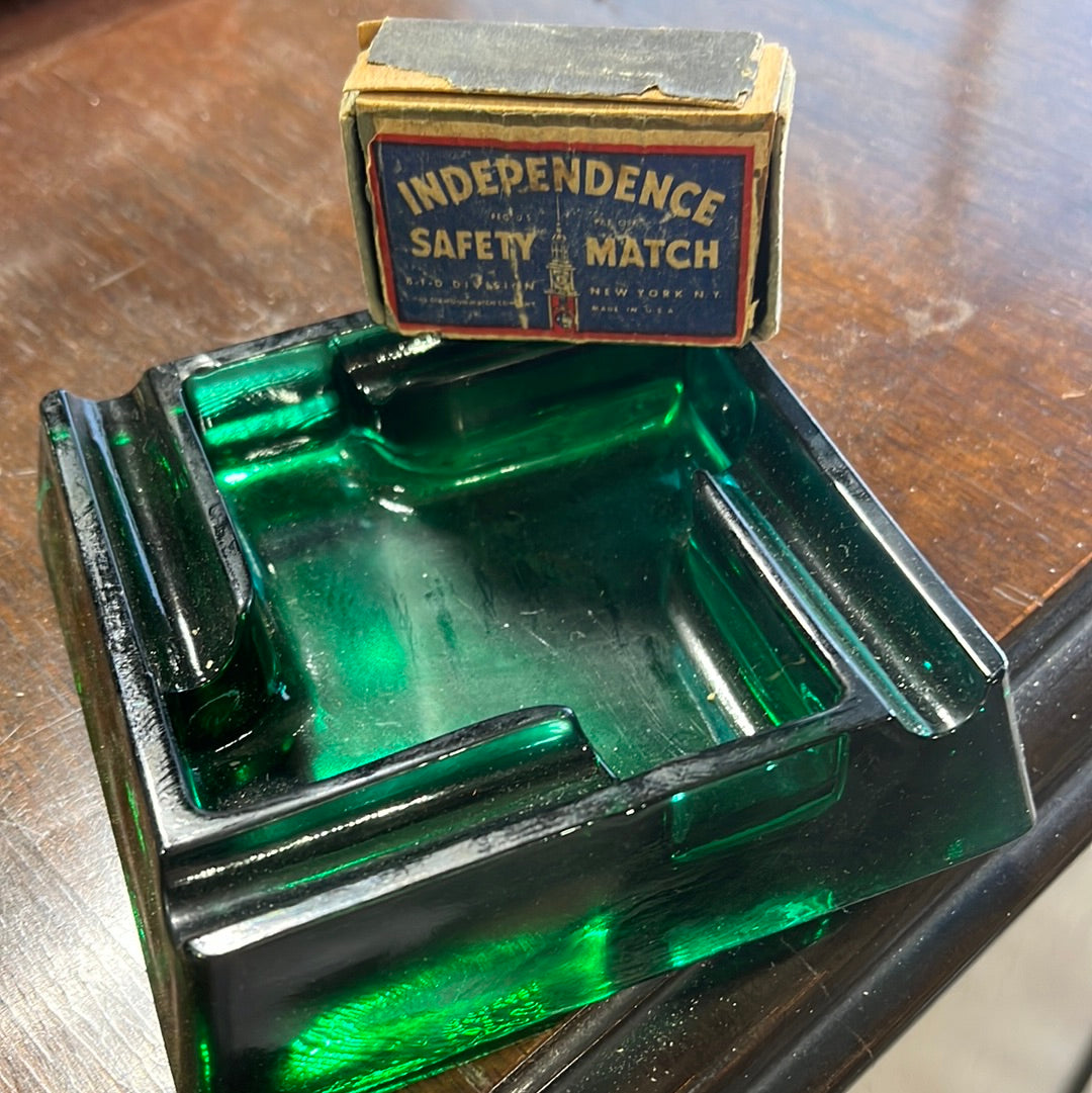 Antique Green Glass Ashtray & Matches