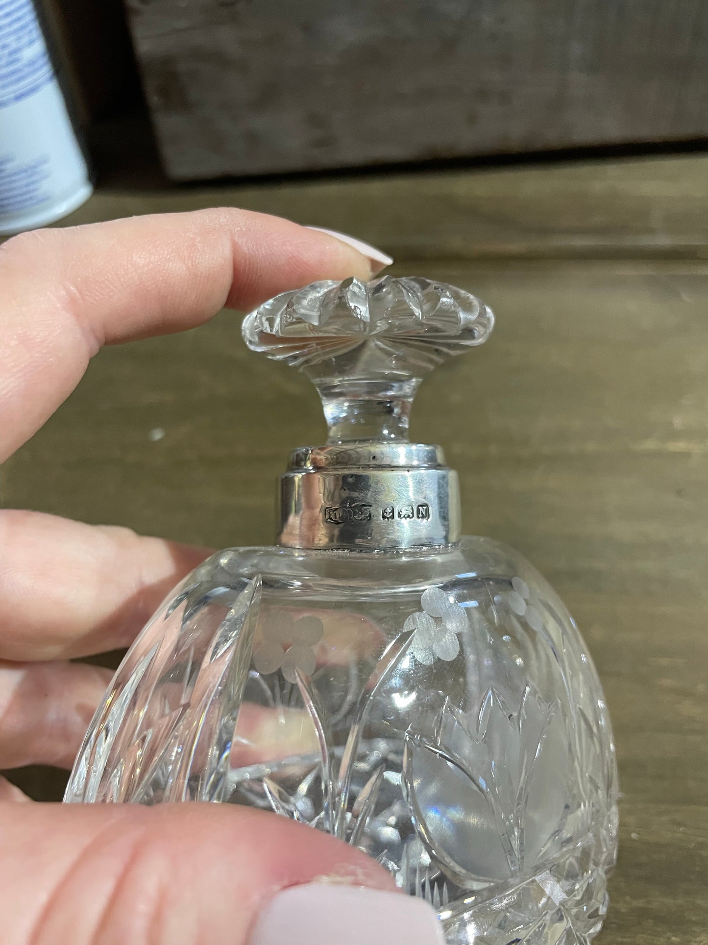 Antique Sterling Silver & Etched Glass Perfume Bottle