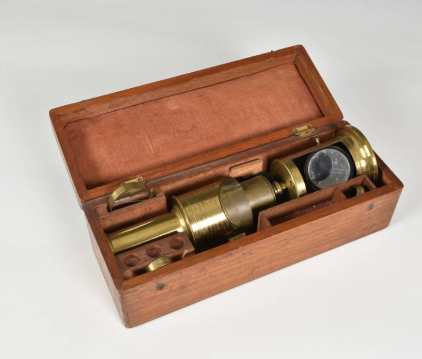 1890s Brass Monocular Microscope in wooden case