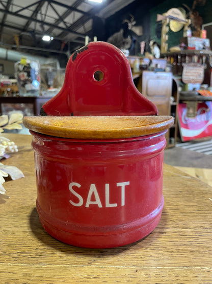 1930's KER Red Enamelware Hanging Wall Salt Box with Wood Lid, RARE