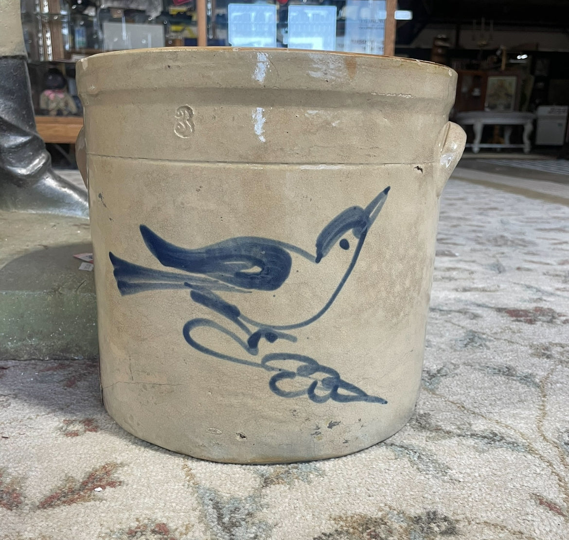 1890s Cobalt Blue Bird 3 Gallon Crock