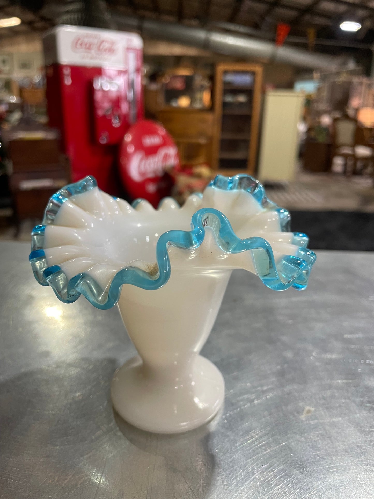 Milk Glass Blue Rim Vase