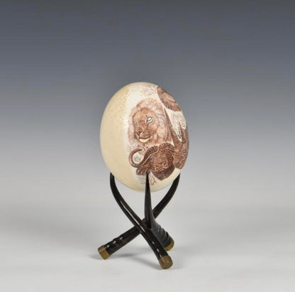 Incised “Big Five” Ostrich Egg on Stand