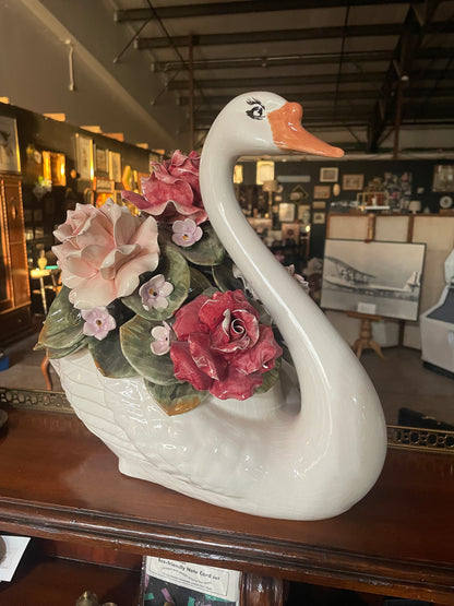 Italian Capodimonte Floral Swan, Mid Century