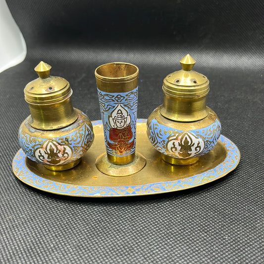 Vintage brass and enamel S&P set