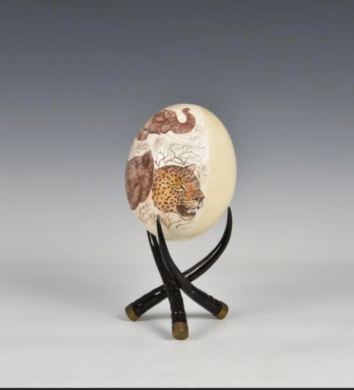 Incised “Big Five” Ostrich Egg on Stand