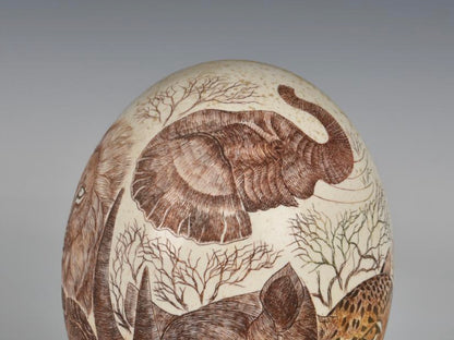 Incised “Big Five” Ostrich Egg on Stand