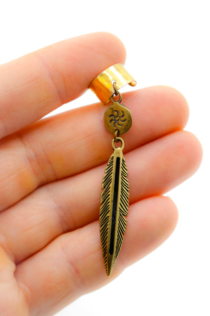 Brass Ear Cuff with Feather Dangle