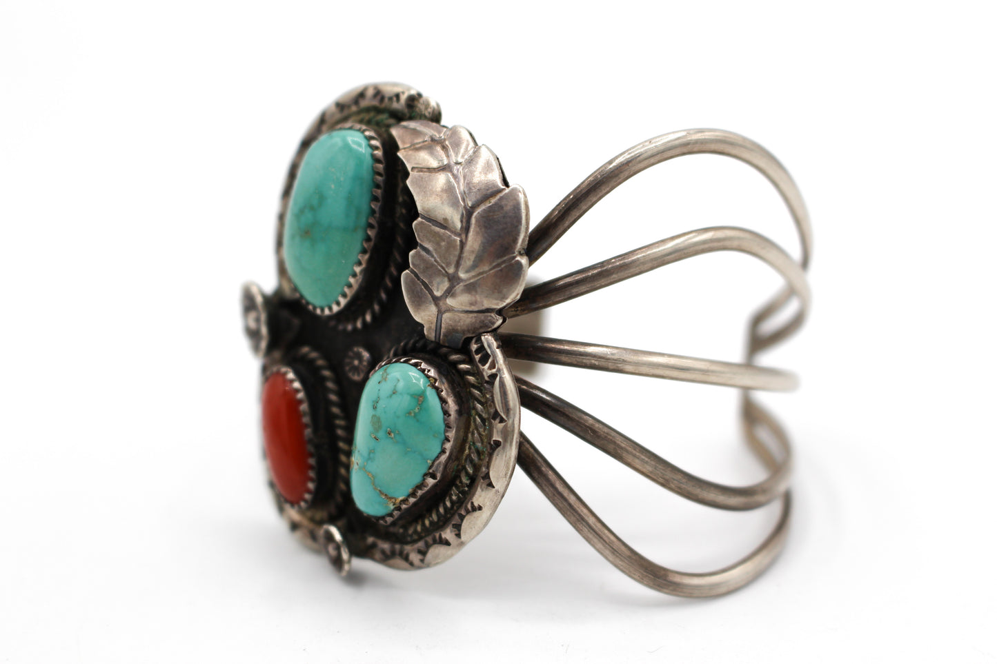 Sterling Silver, Turquoise, and Coral Cuff Bracelet