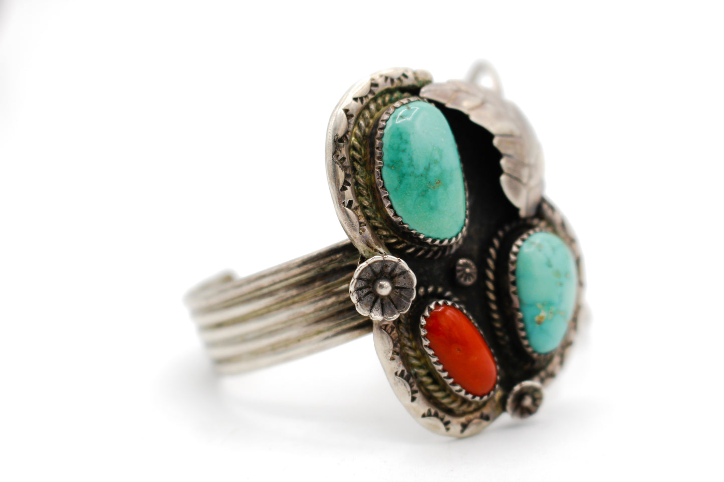 Sterling Silver, Turquoise, and Coral Cuff Bracelet