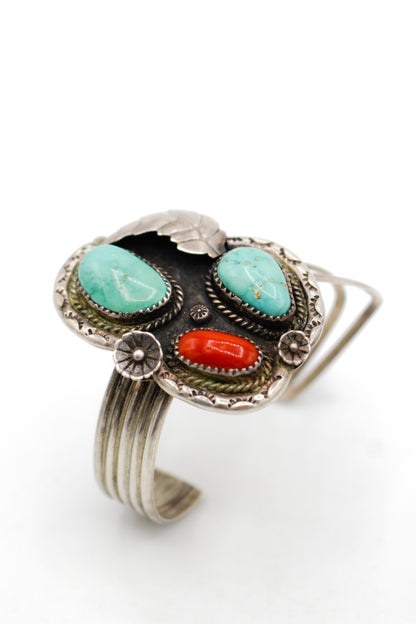 Sterling Silver, Turquoise, and Coral Cuff Bracelet