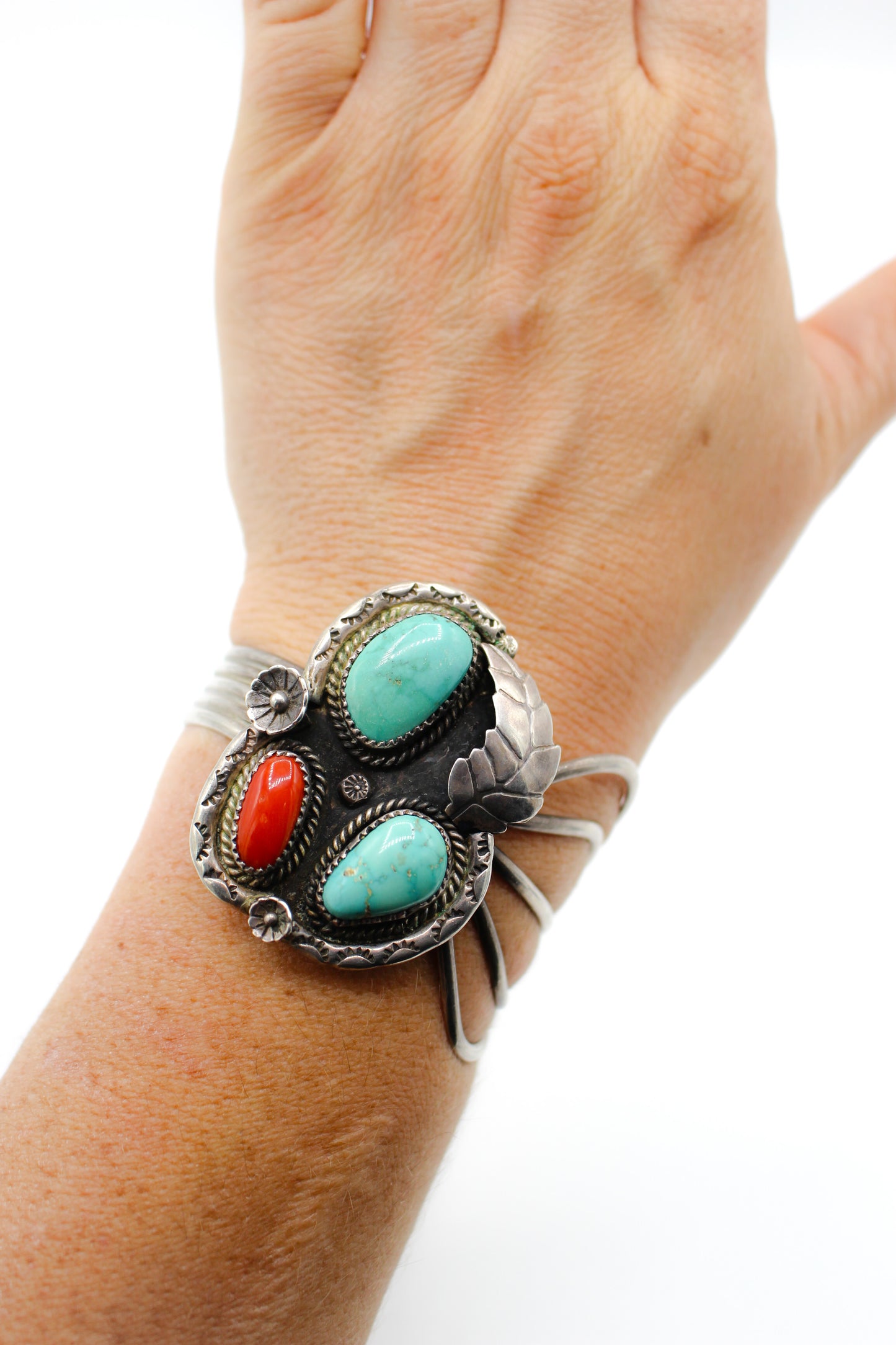 Sterling Silver, Turquoise, and Coral Cuff Bracelet