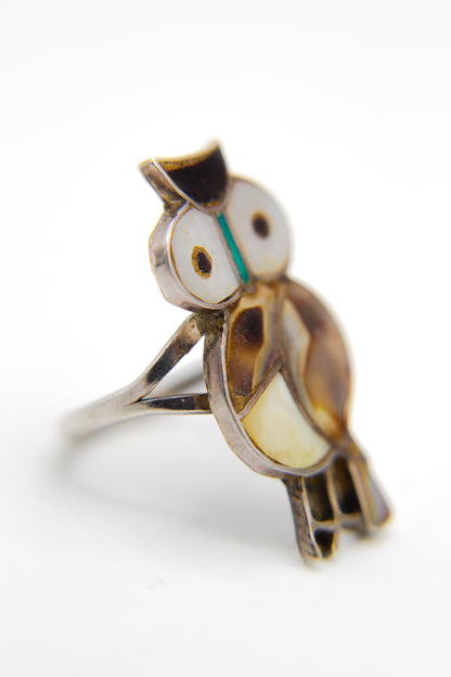 Native Sterling  Silver Inlay Owl Ring