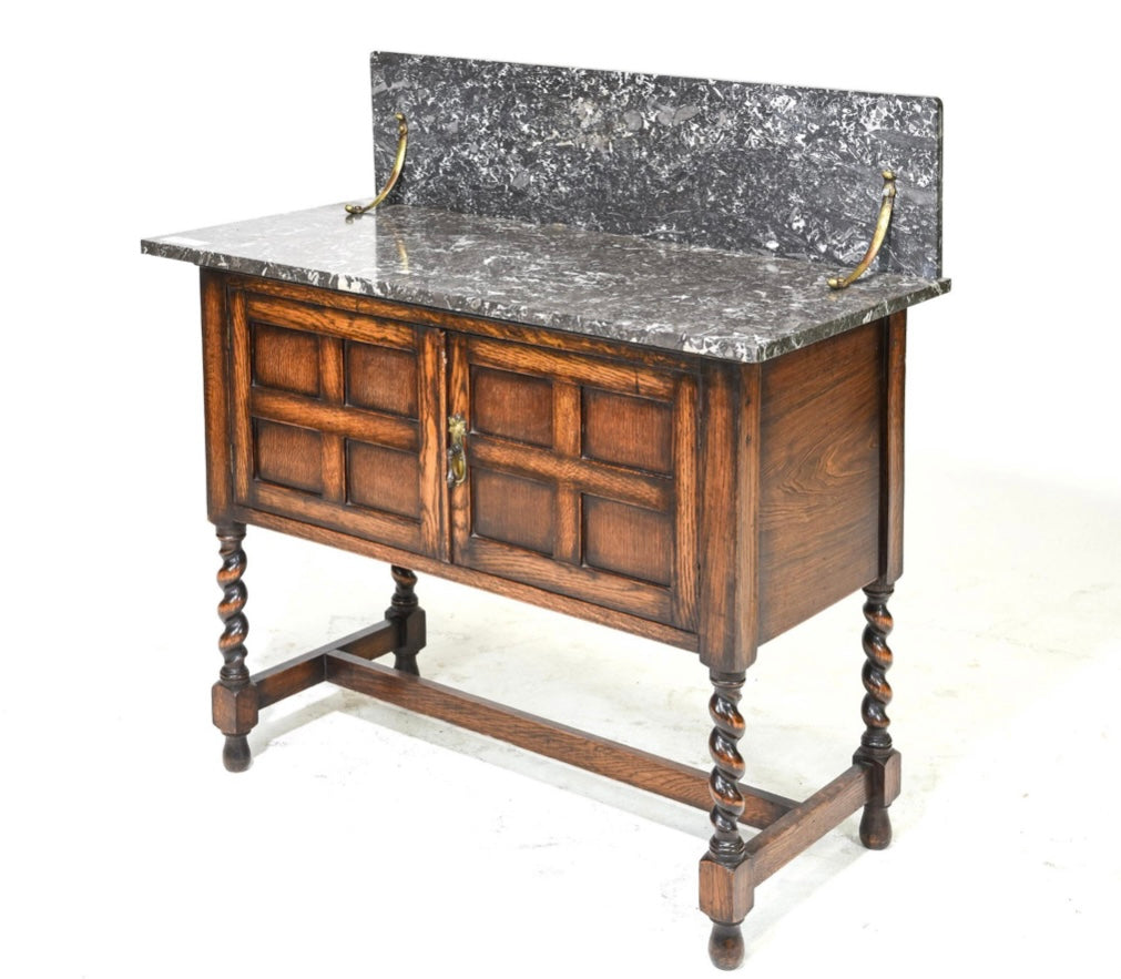 1920s British Oak Barley Twist Marble Top Washstand