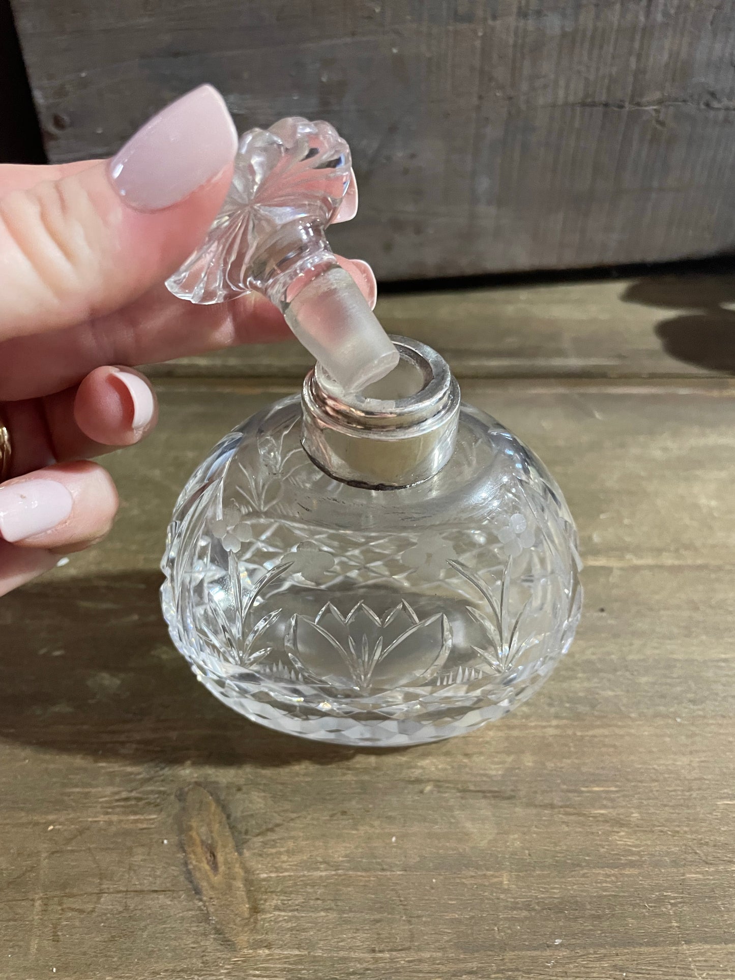 Antique Sterling Silver & Etched Glass Perfume Bottle