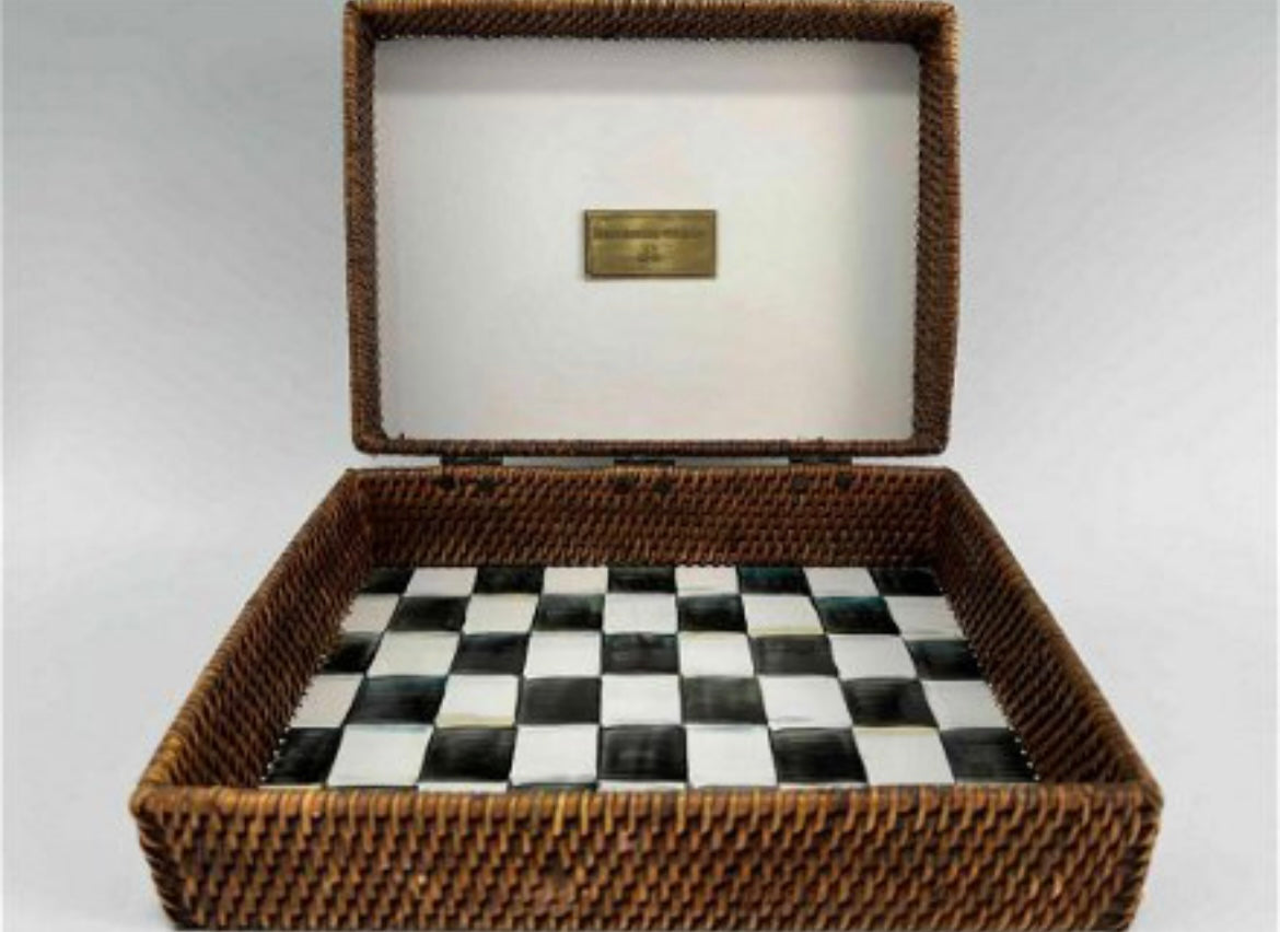 Vintage Mackenzie Childs Courtly Check Enamel Rattan Box