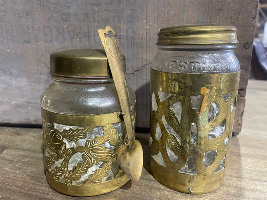 Pair of Brass Over Glass Nestle Jars/Spoon