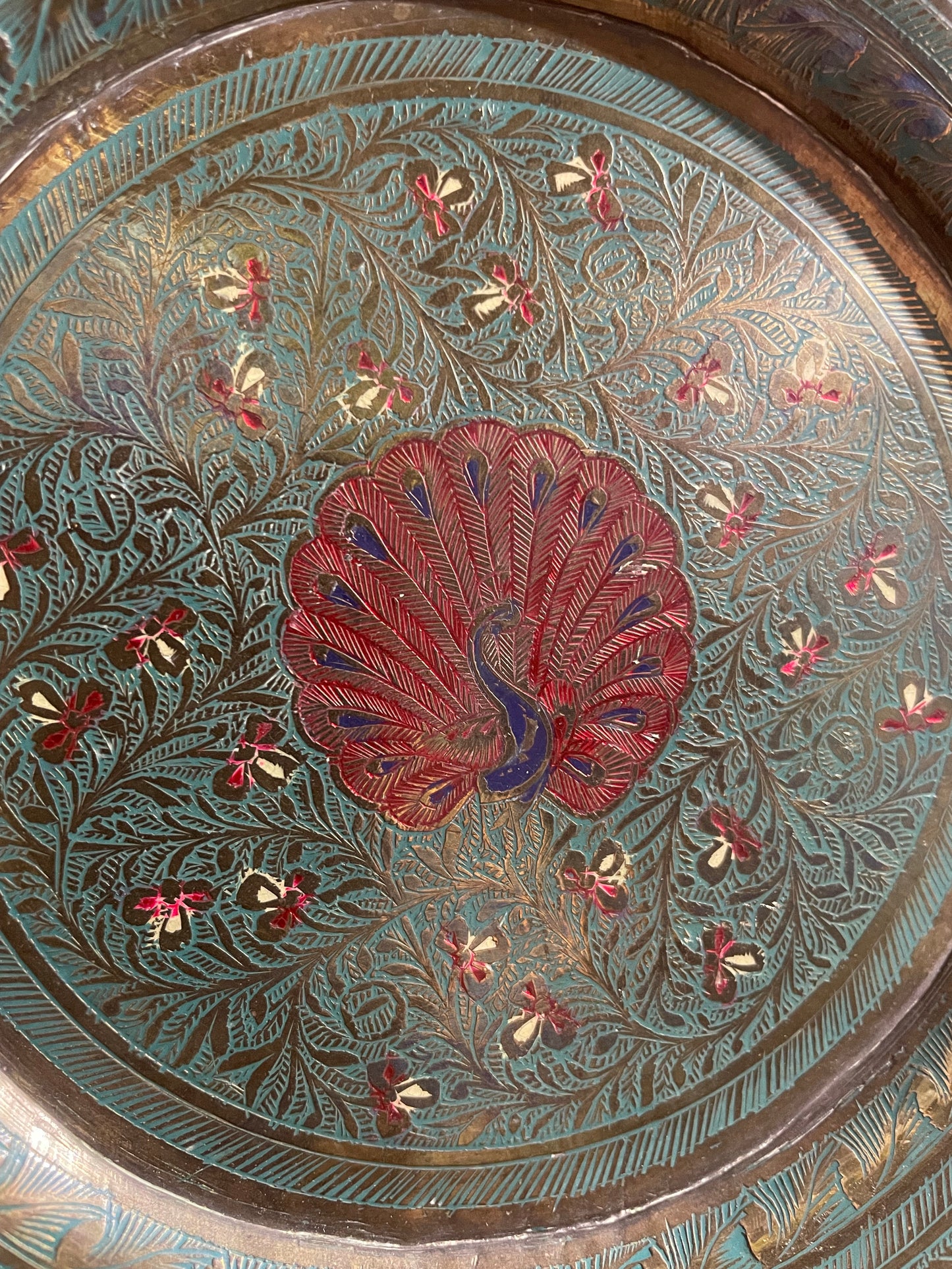 Vintage Brass & Enamel Peacock Plate