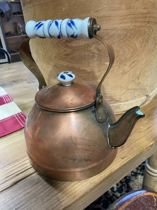 Vintage Copper Teapot, Ceramic Accents