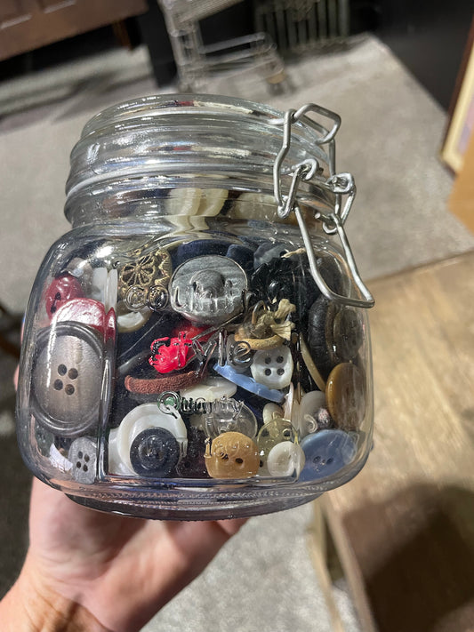 French Glass Jar of Vintage Buttons