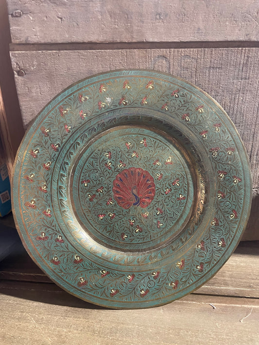 Vintage Brass & Enamel Peacock Plate