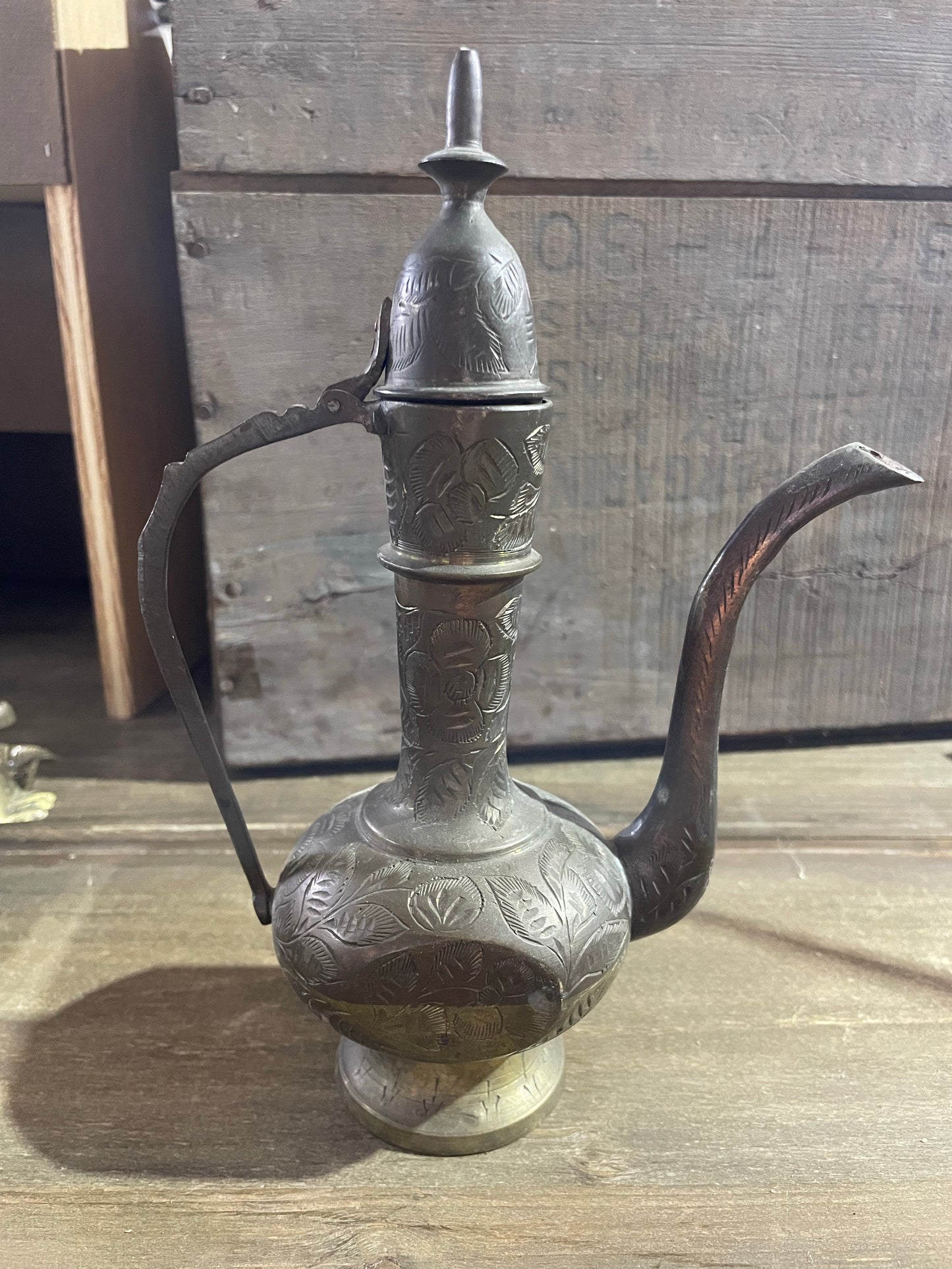 Antique Etched Brass Indian Teapot