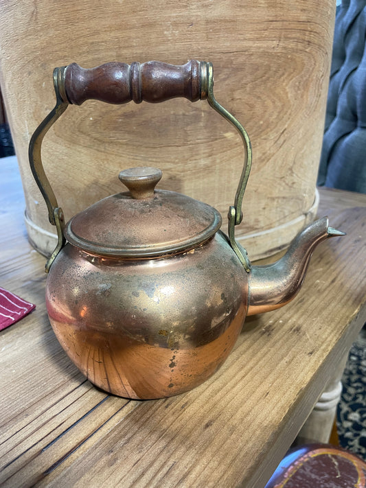 Vintage Copper Teapot, Wooden Handle