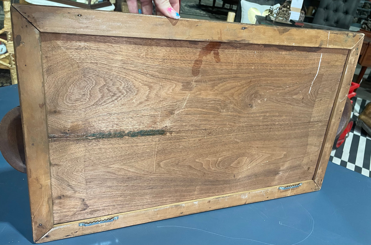 Antique Wooden, Glass-Top Serving Tray