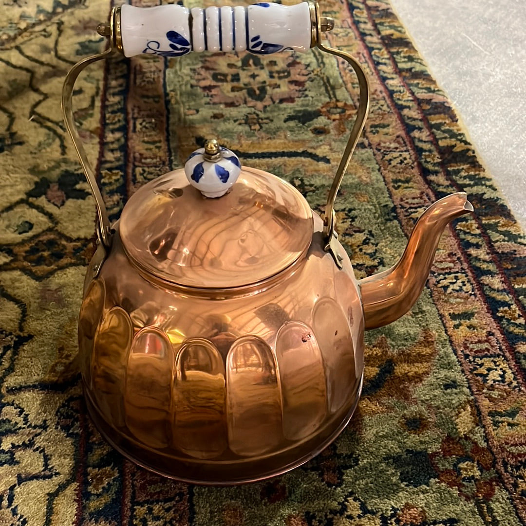 Vintage Copper & Brass Kettle/Blue & White