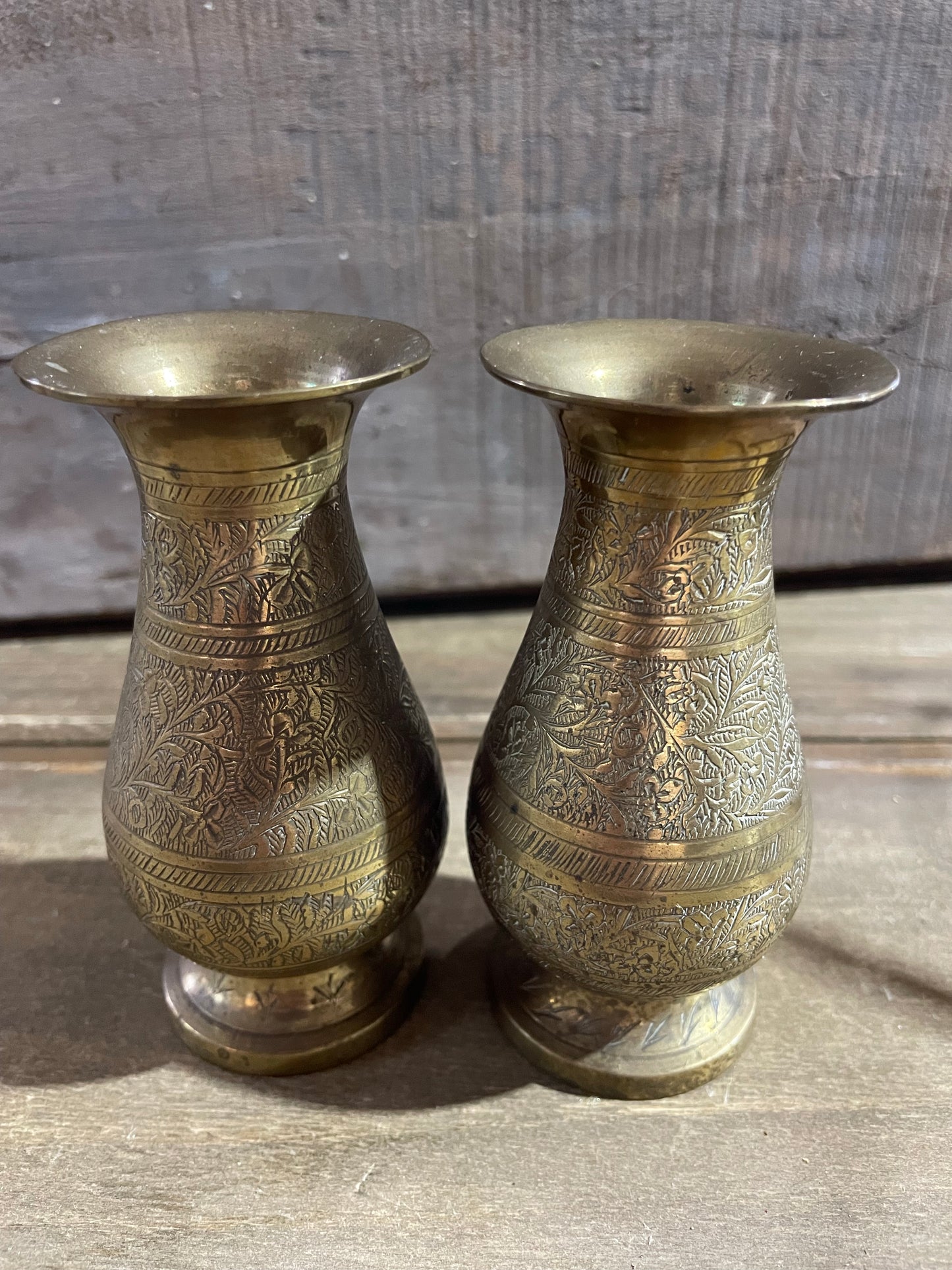 1960s Etched Pair of Brass Vases