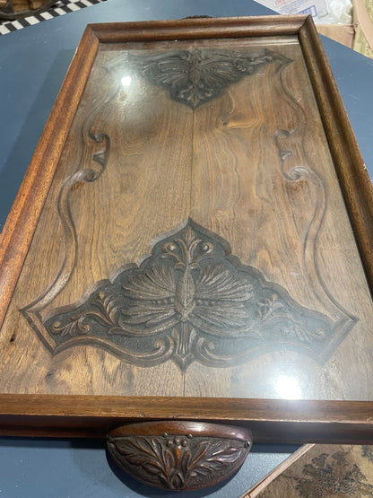 Antique Wooden, Glass-Top Serving Tray