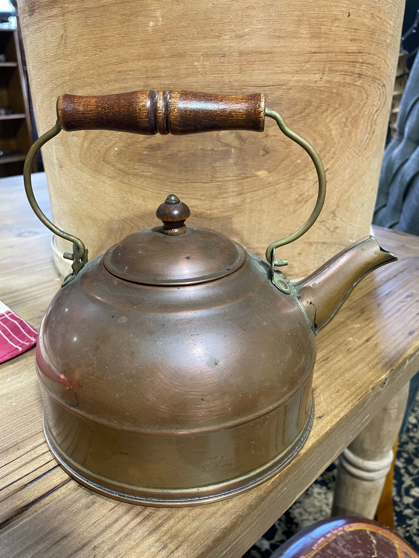 Vintage Copper Teapot, Wooden Handle