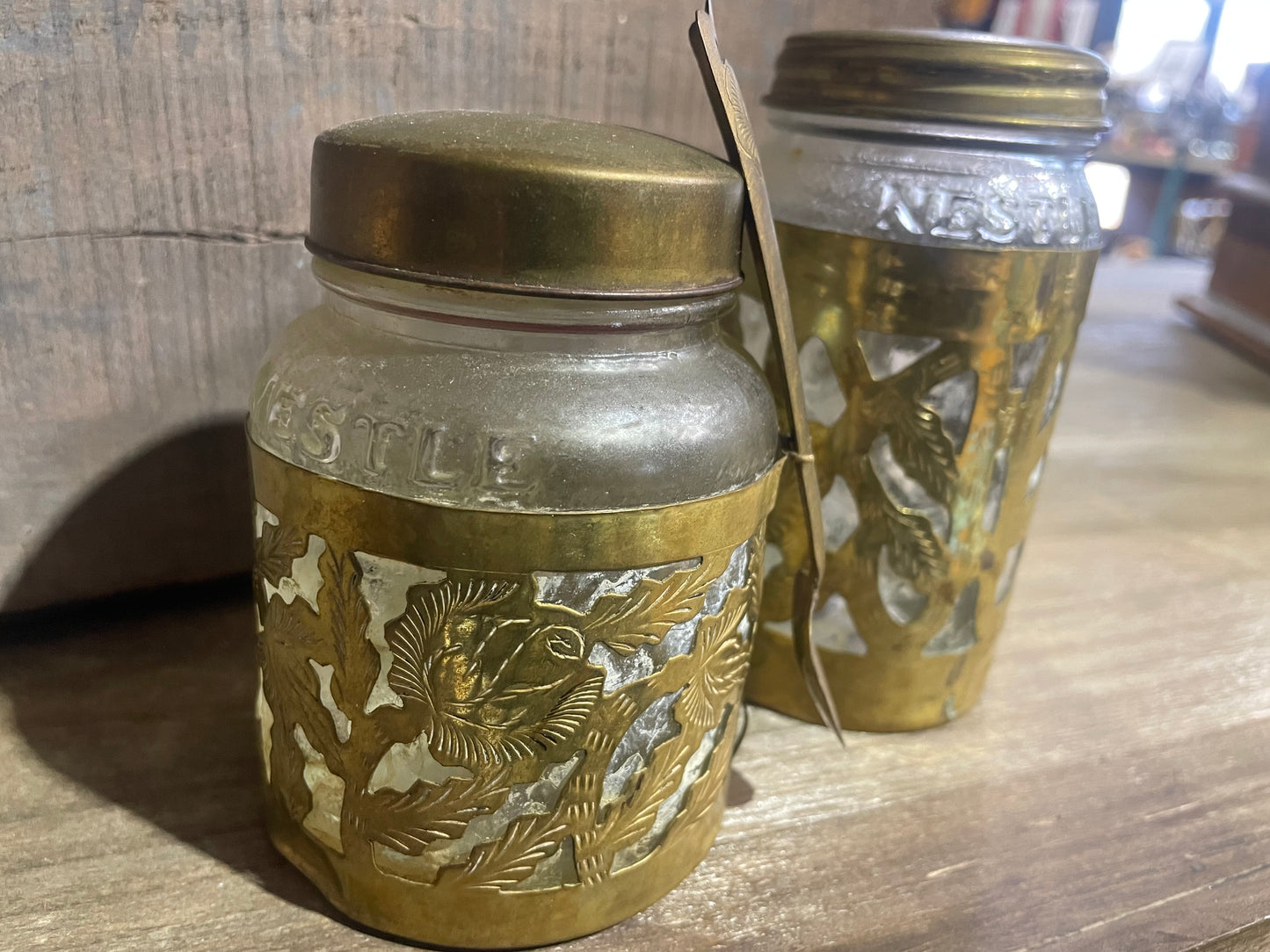 Pair of Brass Over Glass Nestle Jars/Spoon