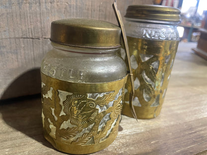 Pair of Brass Over Glass Nestle Jars/Spoon