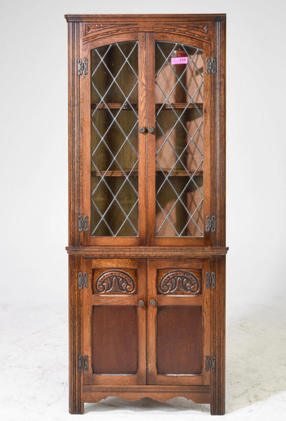 1920s British Oak Leaded Glass Corner Cabinet