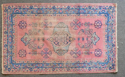 Early 1900s Pink & Blue Floral Rug