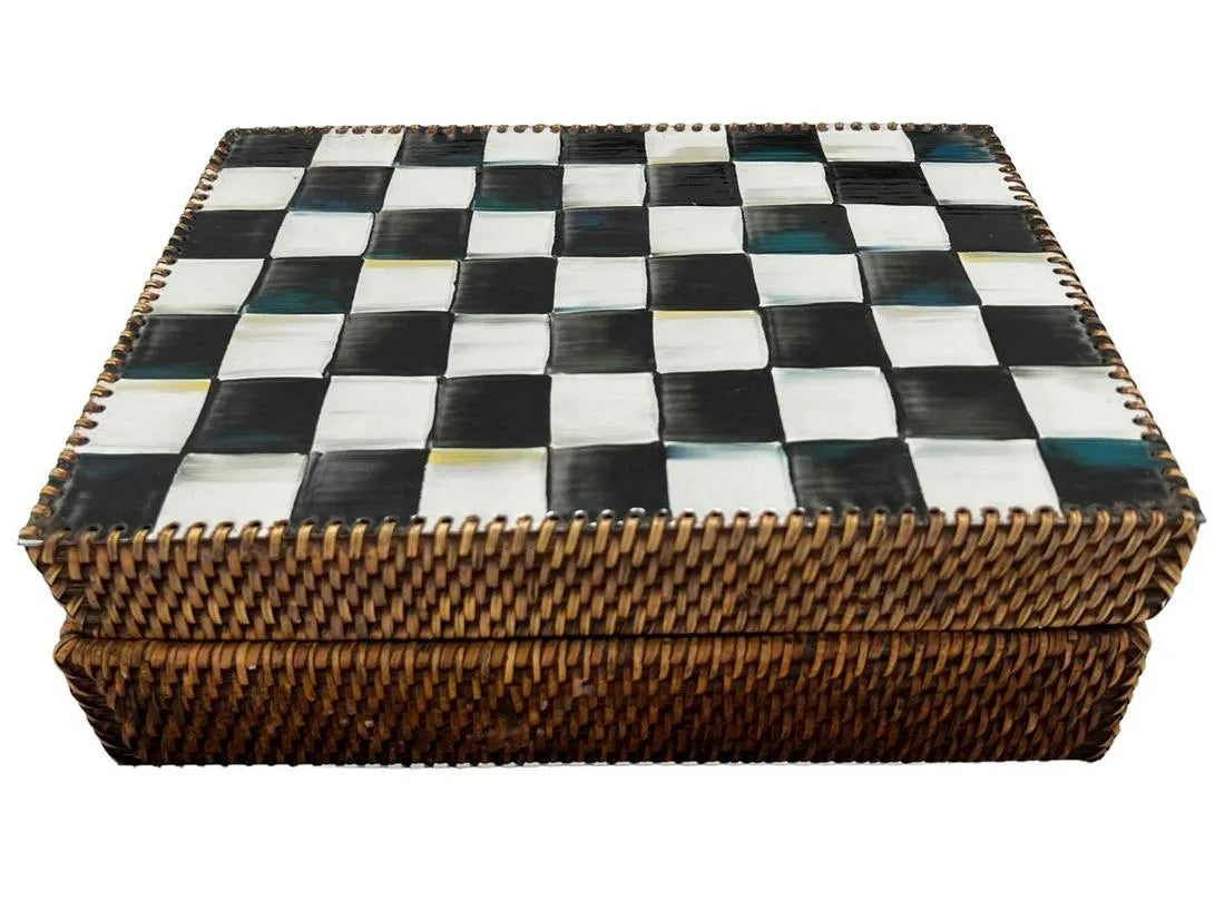 Mackenzie Childs Courtly Check Enamel Rattan Box