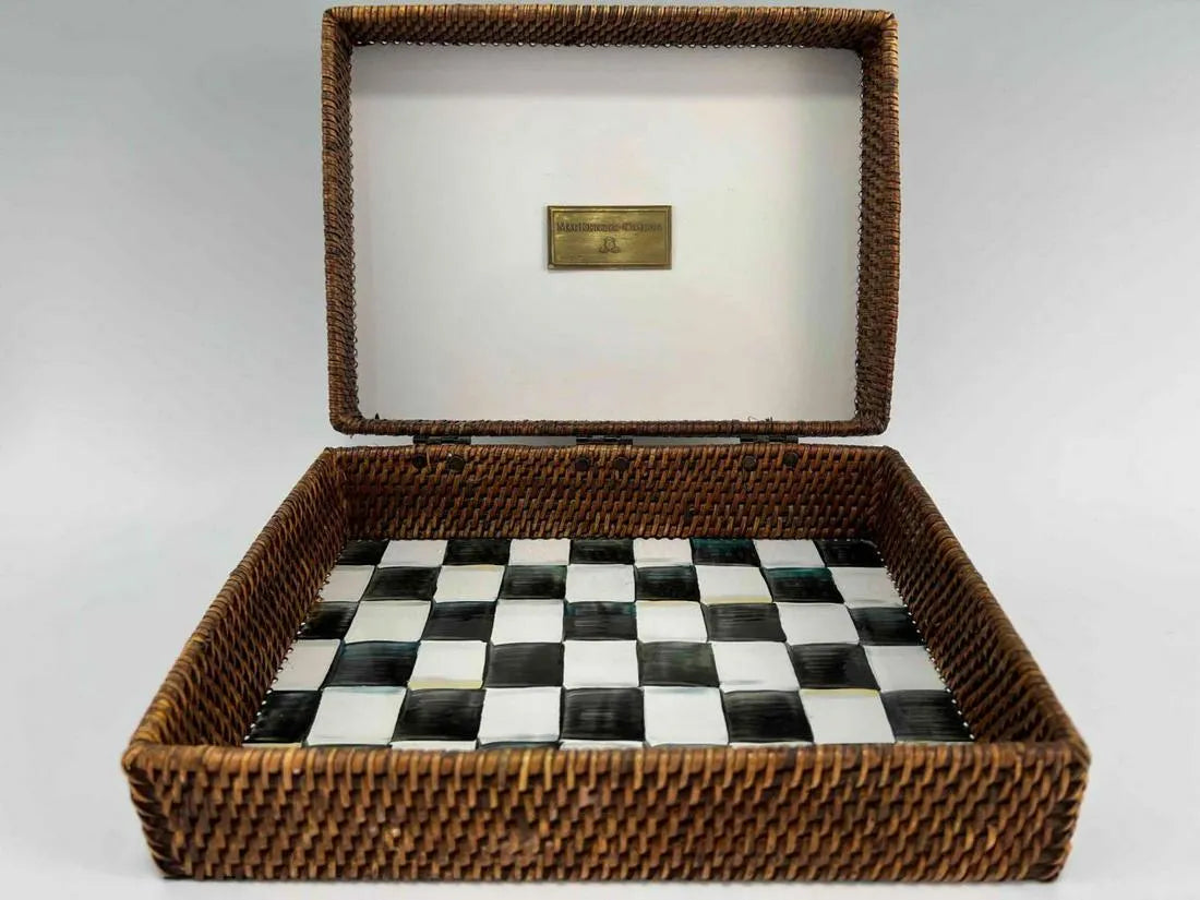 Mackenzie Childs Courtly Check Enamel Rattan Box