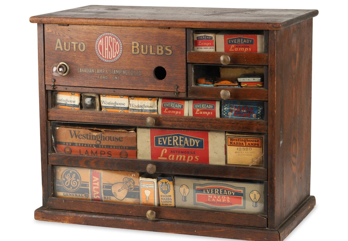 1930s Clasco Automobile Headlight Bulb Cabinet