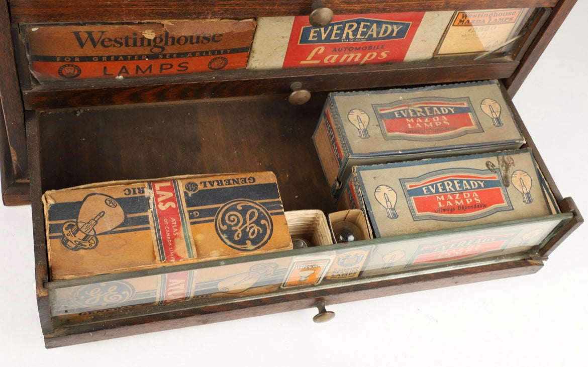 1930s Clasco Automobile Headlight Bulb Cabinet