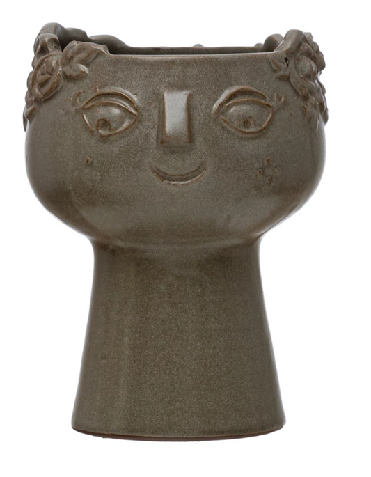 Stoneware Planter with Face, Reactive Glaze