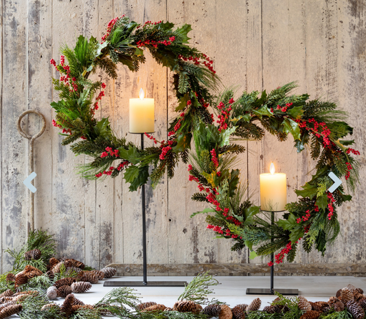 Pine and Holly Wreath on Candle Stand